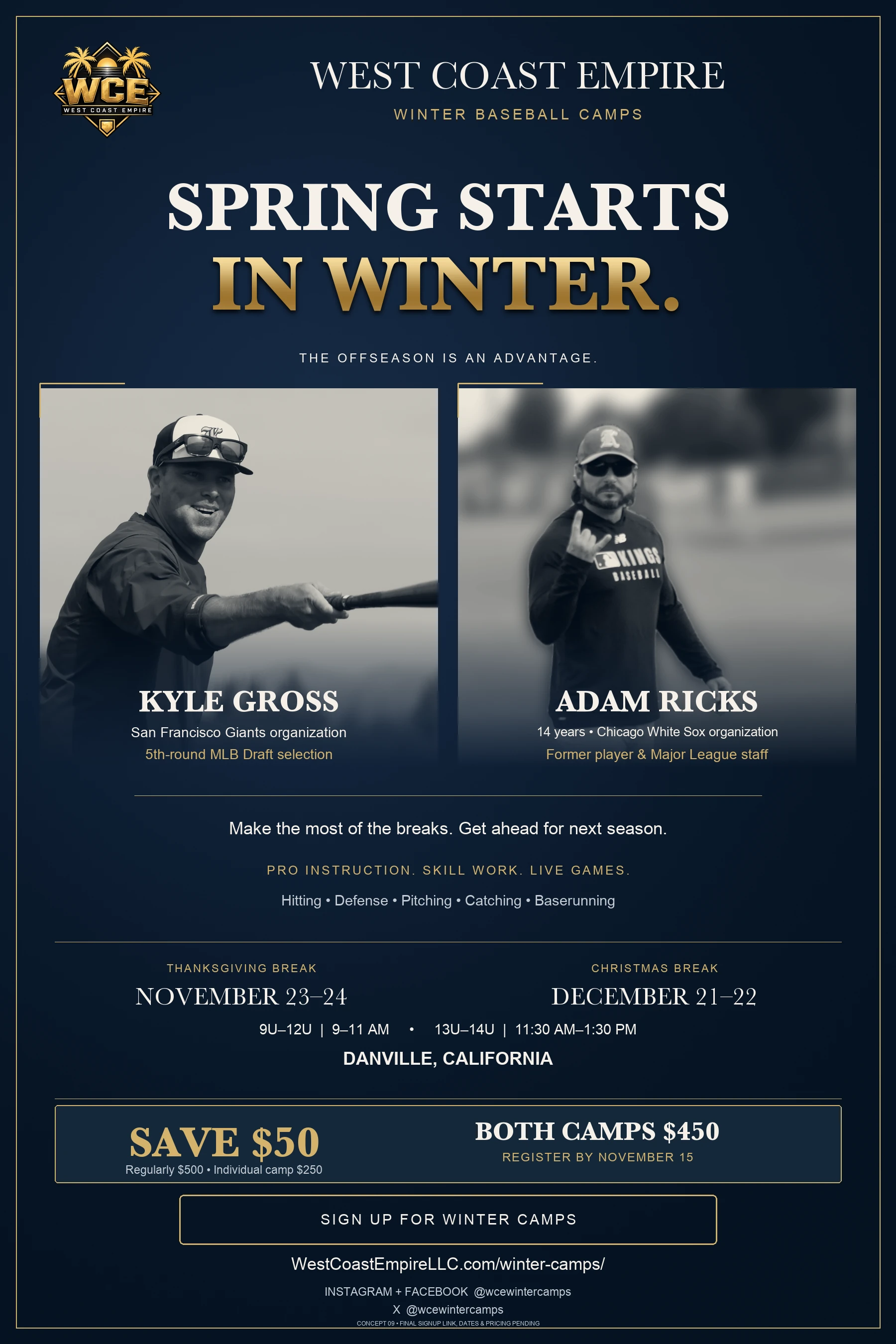 WCE Winter Baseball Camps: Spring Starts in Winter, with coaches Kyle Gross and Adam Ricks, November and December camp dates and early registration savings.